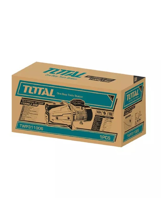 TOTAL Water Pump 1100W 1.5HP Self-Priming Jet Pump 60m Max Head 70L/min Flow, Copper Motor, Stainless Steel Impeller - 220-240V, 9m Suction, 1