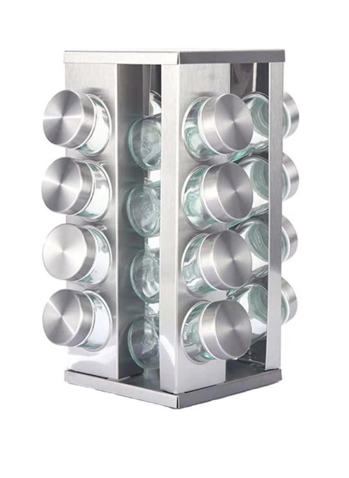 Square Spice Rack, 16 Spice Jars, Spice Rack can be rotated 360°, Spice jar with lid, 16 88ml Glass Spice Jars (17 * 17 * 27.5cm)