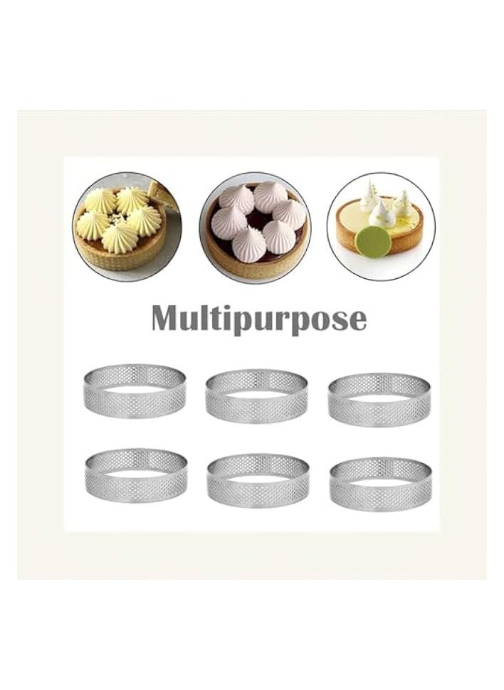 Stainless Steel Cake Ring Tart Pans - 6 Pack Circle Cake Molds for Baking - Heat Resistant Perforated Tartlet Mousse Pie Dessert Mould Bakeware Tools - 10cm Diameter