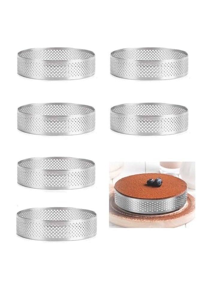 Stainless Steel Cake Ring Tart Pans - 6 Pack Circle Cake Molds for Baking - Heat Resistant Perforated Tartlet Mousse Pie Dessert Mould Bakeware Tools - 10cm Diameter