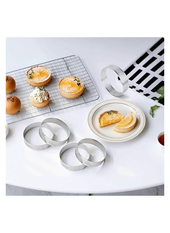 Stainless Steel Cake Ring Tart Pans - 6 Pack Circle Cake Molds for Baking - Heat Resistant Perforated Tartlet Mousse Pie Dessert Mould Bakeware Tools - 10cm Diameter