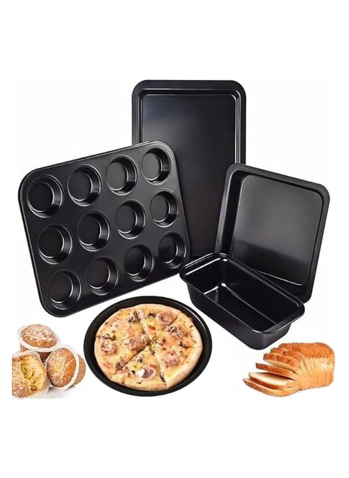 Nonstick Bakeware Set 5 Pcs Baking Pans Set - Pizza Tray, Square Baking Pan, Loaf Pan, 12-Cup Muffin Pan & Cookie Baking Sheet - Carbon Steel Baking Trays for Bakers Beginners (Black)