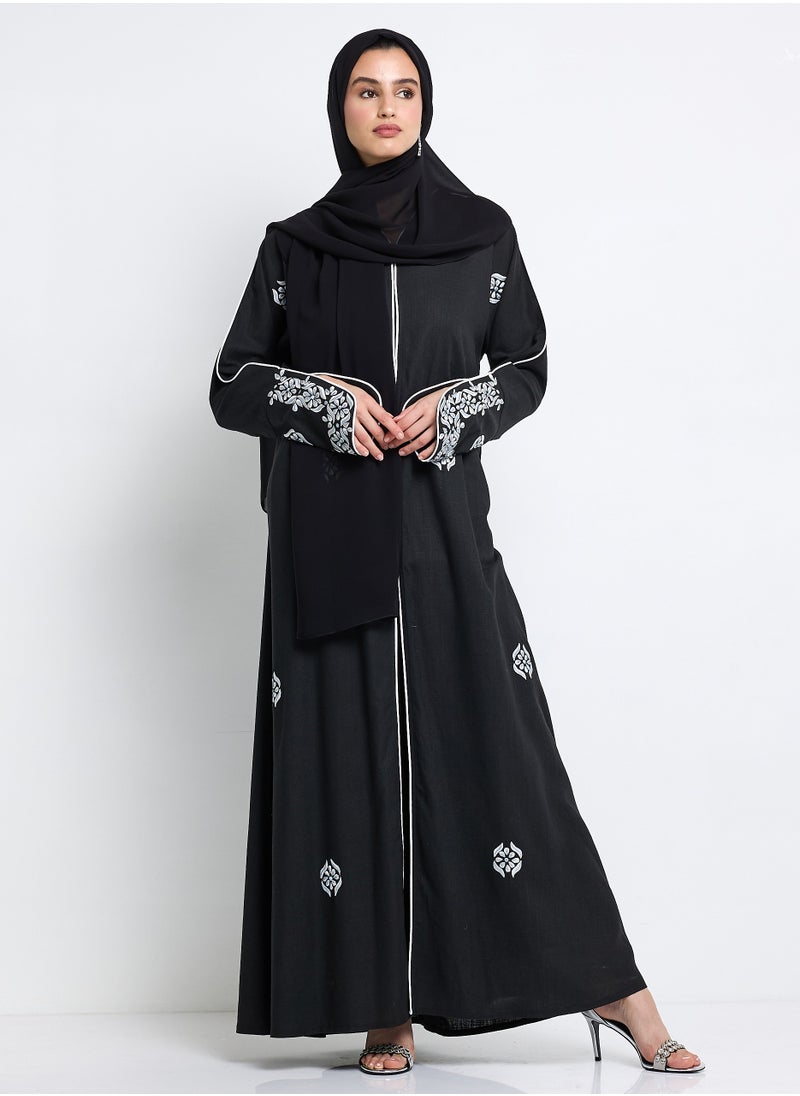 Black Pure Linen Abaya with Embroidery Design