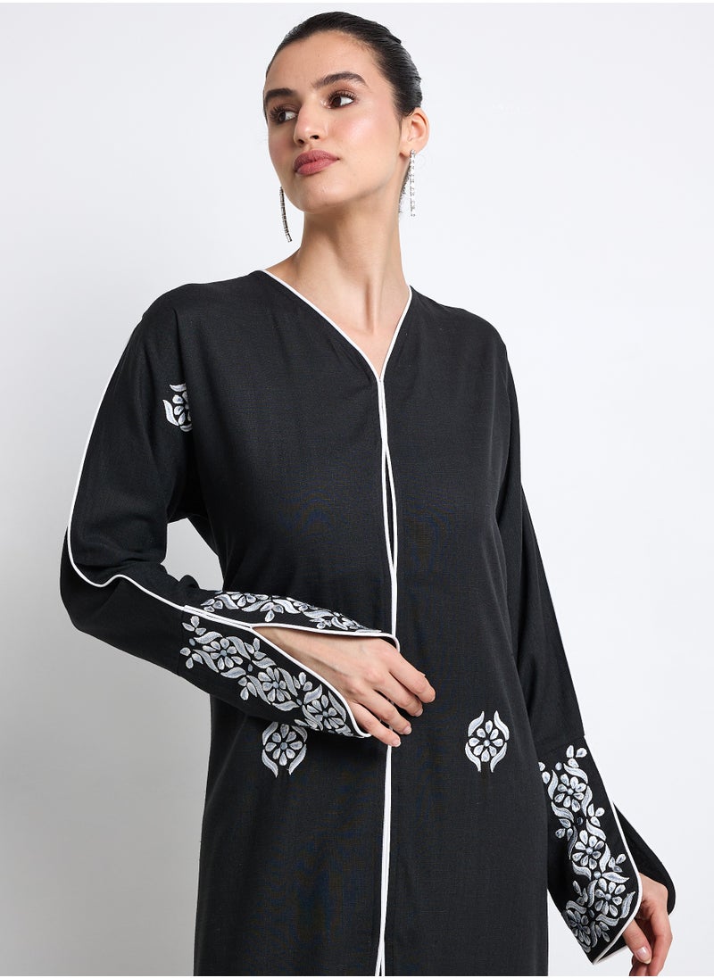 Black Pure Linen Abaya with Embroidery Design