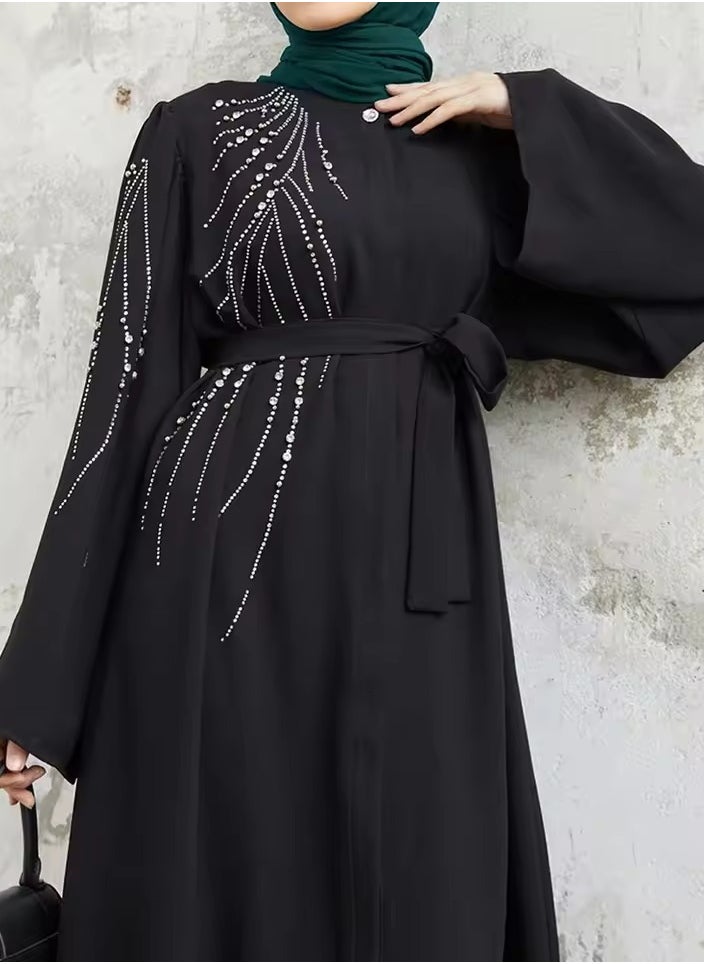 Modern Black Abaya with Silver Stonework