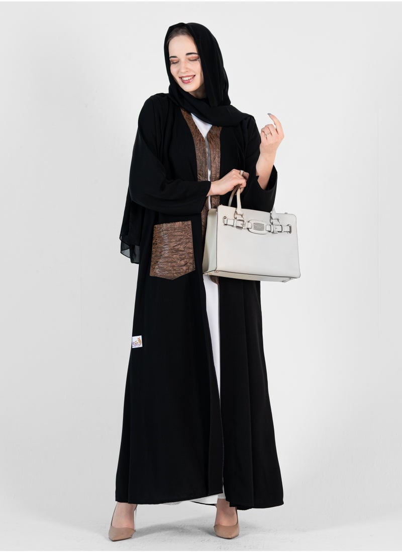 Black abaya With Leather Design and pucket