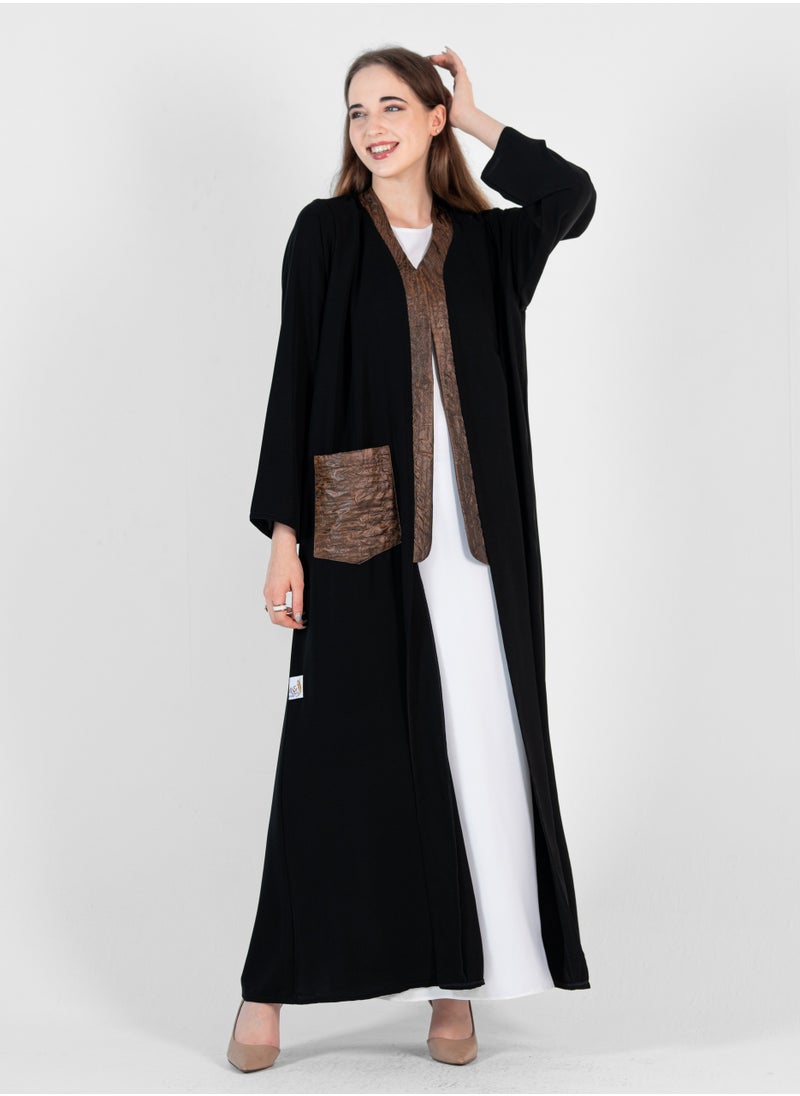 Black abaya With Leather Design and pucket