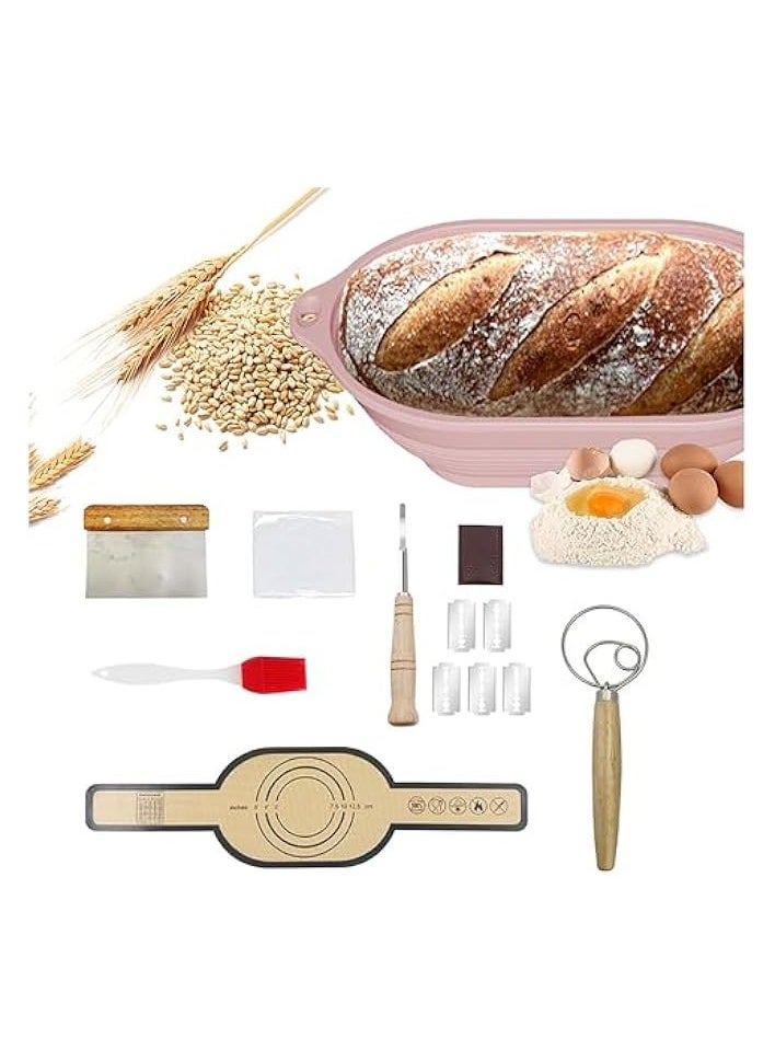 Silicone Bread Leavening Basket, 10-Inch Oval Collapsible Bread Basket Starter Kit, 1 Silicone Bread Sling, Danish Dough Stirrer for Bread Making Essential Tools.