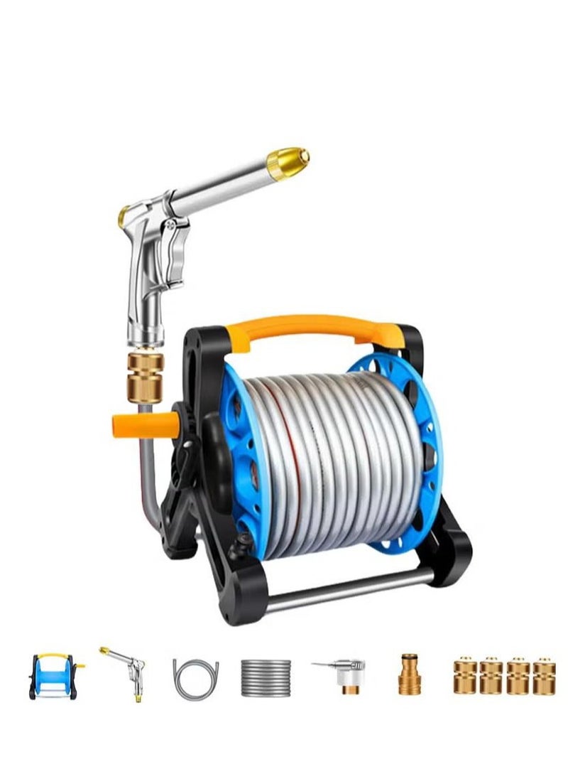 Garden Water Hose with Reel, Portable Wall Hanging, with Multi-Functional High-Pressure Water Gun and Water Pipe Bracket, Used for Garden Watering and Car Washing