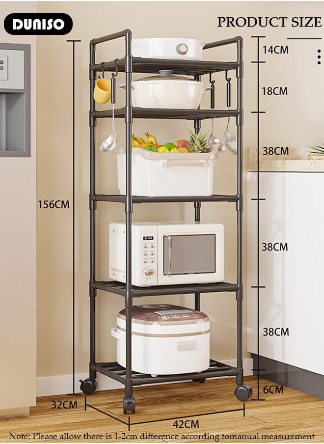 5 Tier Storage Shelves, Stable Kitchen Shelf Organizer, Storage Rack with Wheels and Armrests, Removable Free Standing Rack with 4 Hooks, Multipurpose Rack, Shelving Unit for Laundry Room,Living Room,Garage,Pantry,Study Room