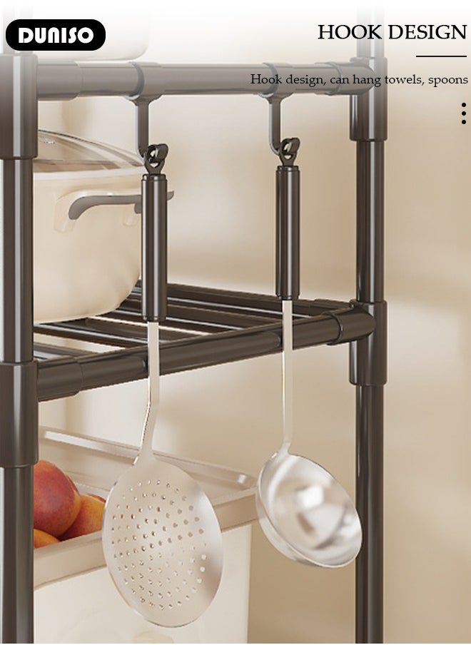 5 Tier Storage Shelves, Stable Kitchen Shelf Organizer, Storage Rack with Wheels and Armrests, Removable Free Standing Rack with 4 Hooks, Multipurpose Rack, Shelving Unit for Laundry Room,Living Room,Garage,Pantry,Study Room