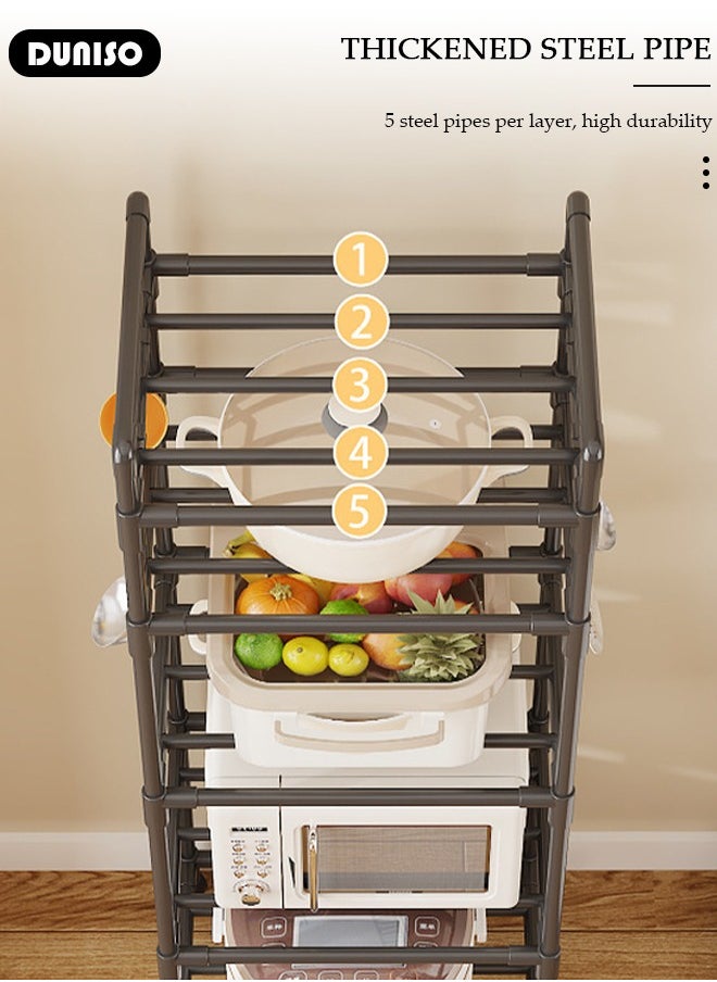 5 Tier Storage Shelves, Stable Kitchen Shelf Organizer, Storage Rack with Wheels and Armrests, Removable Free Standing Rack with 4 Hooks, Multipurpose Rack, Shelving Unit for Laundry Room,Living Room,Garage,Pantry,Study Room