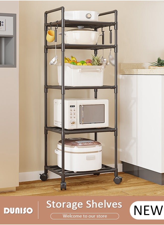 5 Tier Storage Shelves, Stable Kitchen Shelf Organizer, Storage Rack with Wheels and Armrests, Removable Free Standing Rack with 4 Hooks, Multipurpose Rack, Shelving Unit for Laundry Room,Living Room,Garage,Pantry,Study Room