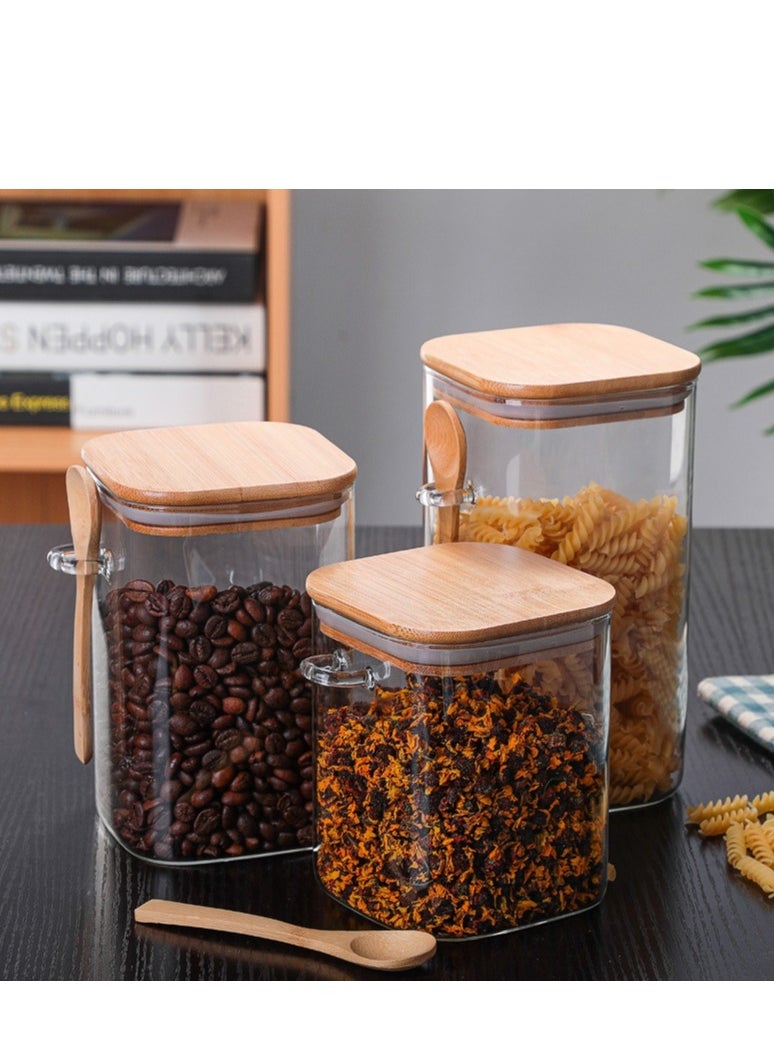 3pcs Glass Jars Glass Food Storage Jars Containers with Bamboo Lid and Spoon Glass Clear Stackable Containers Kitchen Jars for Spice Bath Salt Tea Coffee Sugar Canisters