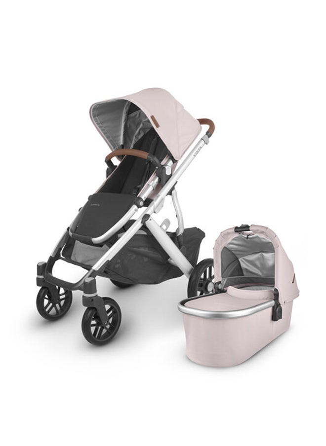 Vista V2 Convertible Stroller Alice Dusty Pink With Silver Frame And Saddle Leather, Adaptable Double Stroller For Growing Families