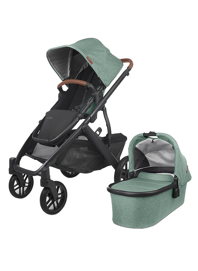 Vista V2 Convertible Stroller Gwen Green Melange With Carbon Frame And Saddle Leather, Premium Double Stroller With Enhanced Suspension