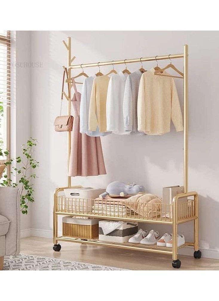 Rolling Clothes Rack, Metal Clothes Hanging Garment Rack, Heavy Duty Indoor Bedroom Clothes Coat Stand Shoes Rack with Top Rod and Lower Storage Shelf Coat Rack