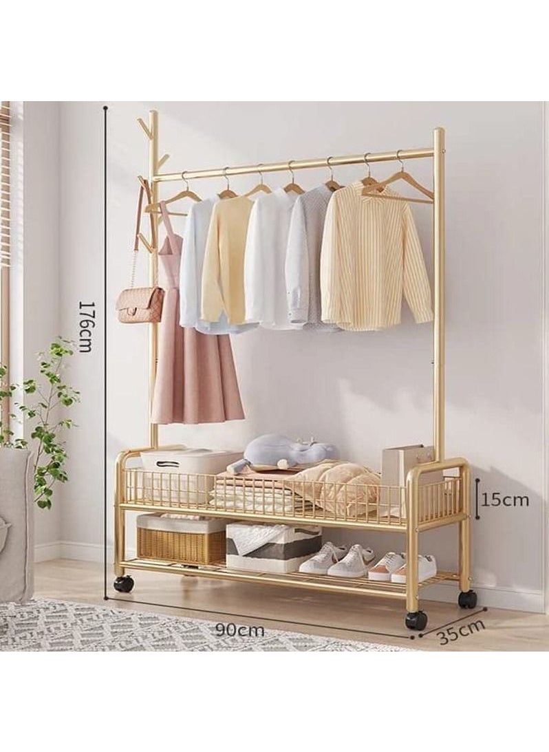 Rolling Clothes Rack, Metal Clothes Hanging Garment Rack, Heavy Duty Indoor Bedroom Clothes Coat Stand Shoes Rack with Top Rod and Lower Storage Shelf Coat Rack