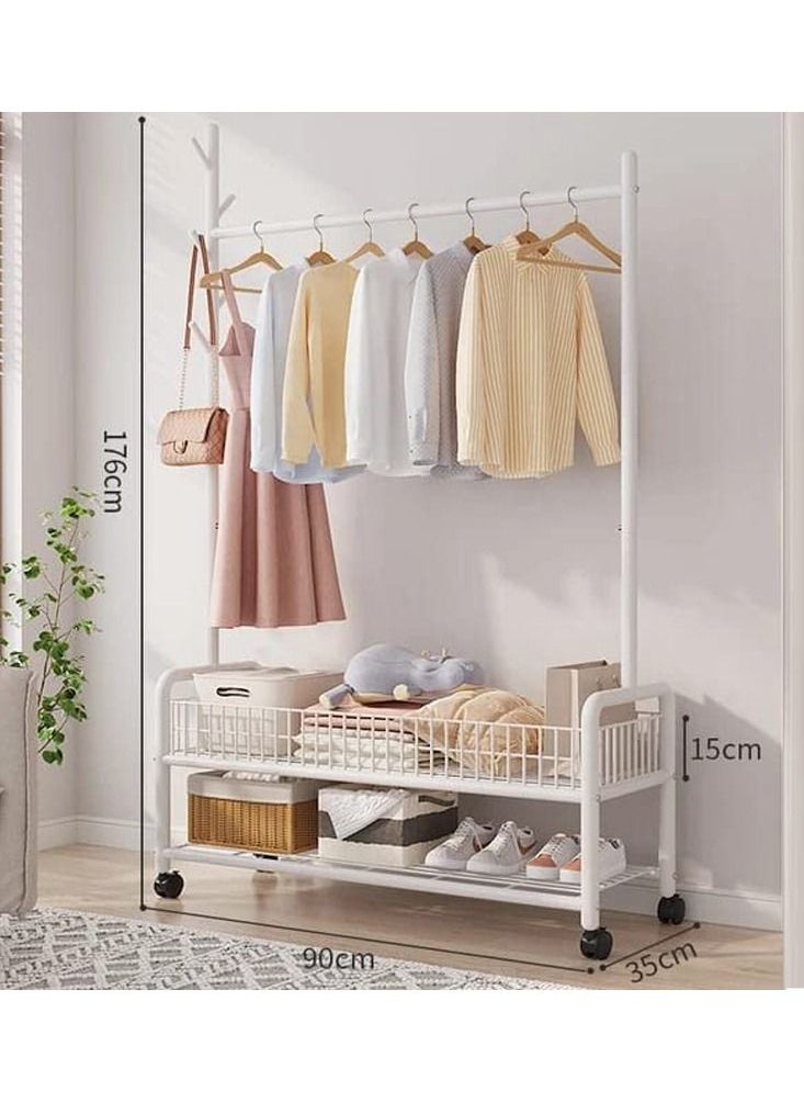 Mobile Clothes Stand With Wheels Sturdy Metal Clothes Rail Heavy Duty Garment Rack Free Standing Clothes Rack With 2 Tier Bottom Shelves