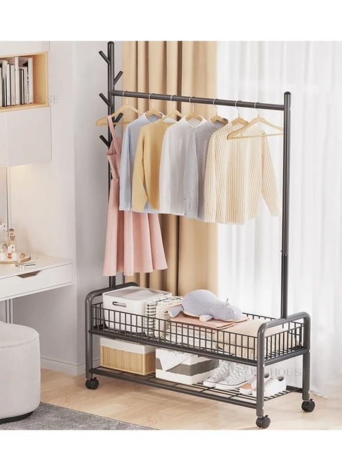 Rolling Clothes Rack, Metal Clothes Hanging Garment Rack, Heavy Duty Indoor Bedroom Clothes Coat Stand Shoes Rack with Top Rod and Lower Storage Shelf Coat Rack