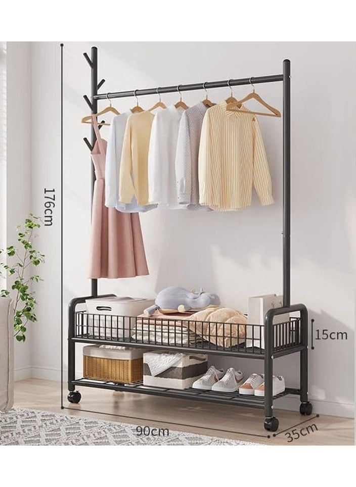 Rolling Clothes Rack, Metal Clothes Hanging Garment Rack, Heavy Duty Indoor Bedroom Clothes Coat Stand Shoes Rack with Top Rod and Lower Storage Shelf Coat Rack