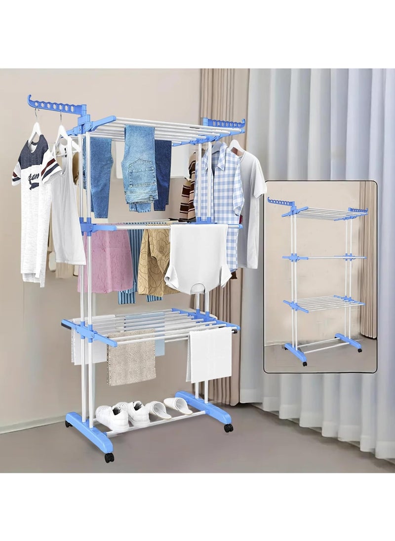 4-Tier Foldable Clothes Drying Rack, clothes horses rack stainless steel laundry garment dryer stand with two side wings (Blue)