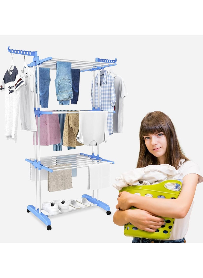 4-Tier Foldable Clothes Drying Rack, clothes horses rack stainless steel laundry garment dryer stand with two side wings (Blue)