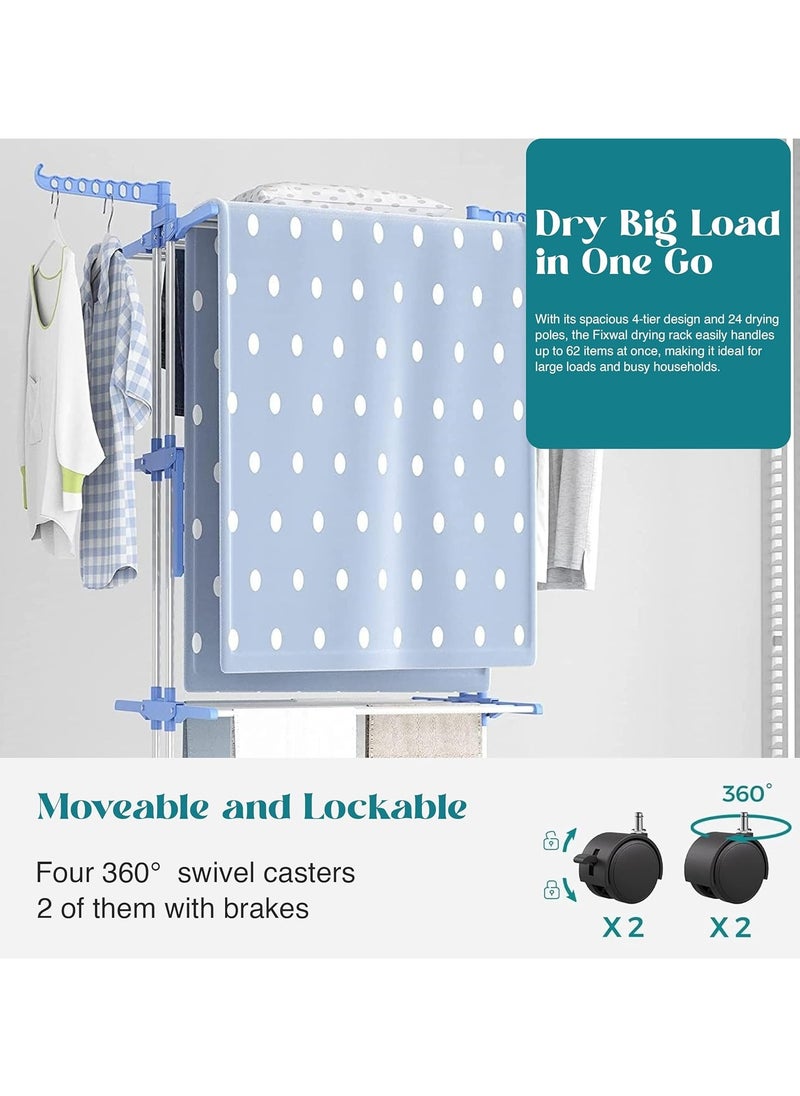 4-Tier Foldable Clothes Drying Rack, clothes horses rack stainless steel laundry garment dryer stand with two side wings (Blue)