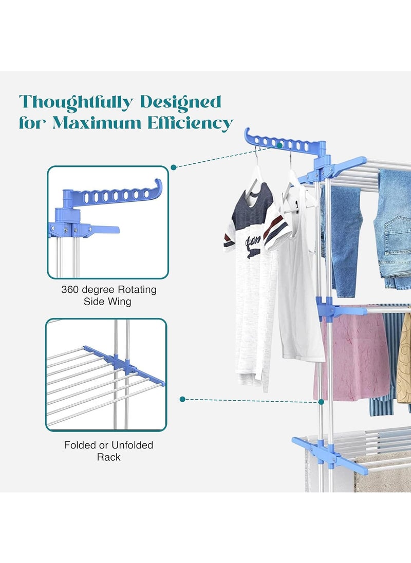 4-Tier Foldable Clothes Drying Rack, clothes horses rack stainless steel laundry garment dryer stand with two side wings (Blue)