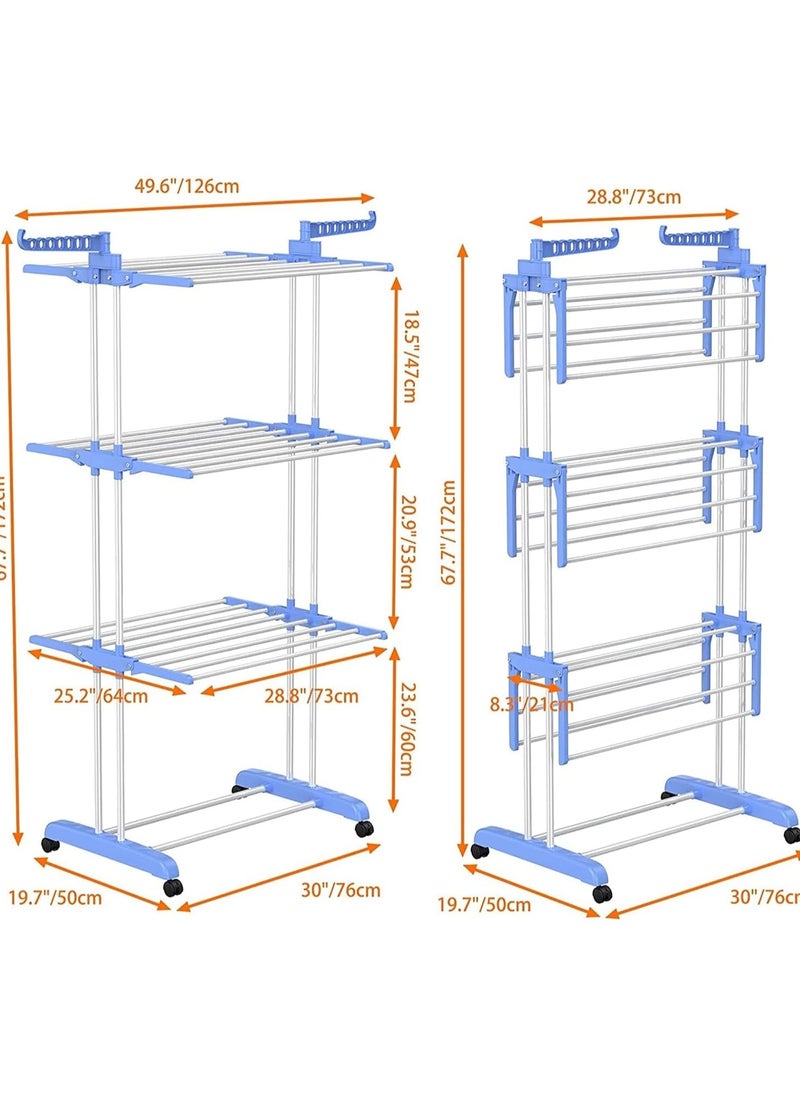 4-Tier Foldable Clothes Drying Rack, clothes horses rack stainless steel laundry garment dryer stand with two side wings (Blue)