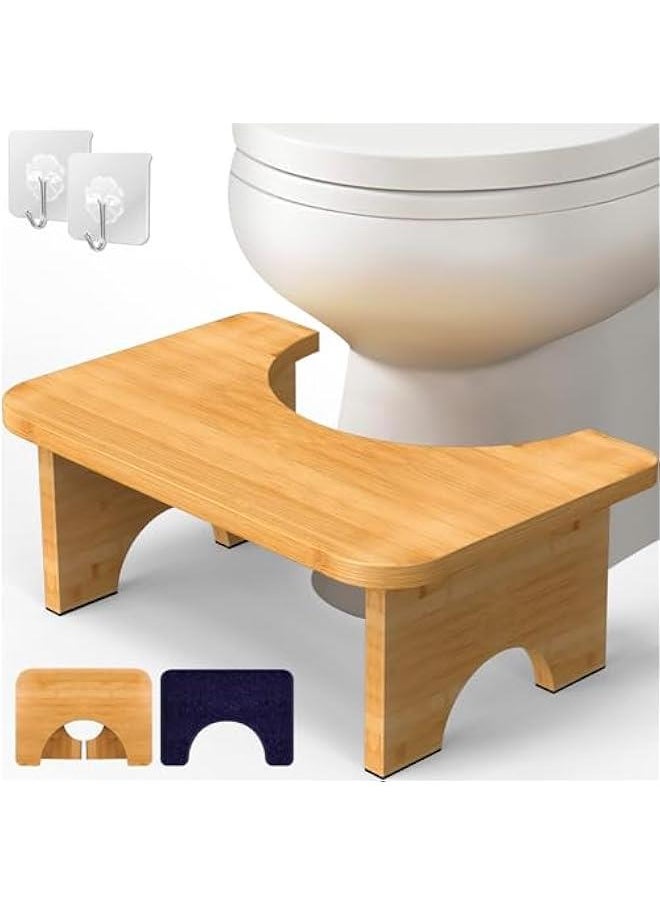 Bamboo Toilet Stool, 7” Foldable Potty Poop Bathroom Stool with Extra Soft Microfiber Rug and Hooks, Non-Slip Toilet Assistance Step Stool for Adult, Improve Squatting Posture - Healthy Gifts