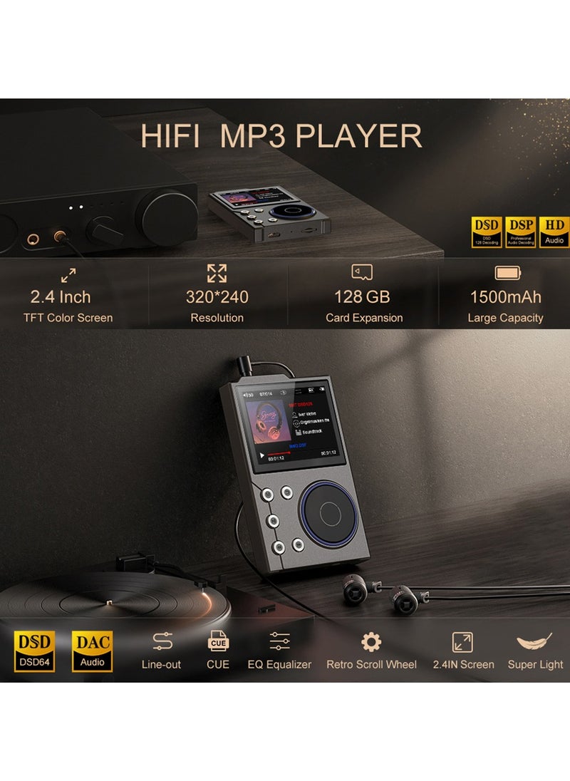 HiFi MP3 Player with Bluetooth5.3, 2.4in HD Screen, High Resolution Lossless Sound Digital Audio Music Player, 1500mAh Portable Audio Player with ALPS Scroll Control, for Sports