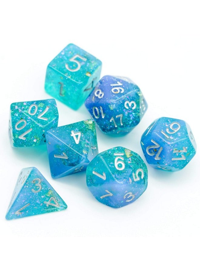 7 Pcs Dnd Dice, Polyhedral Dice Set Filled With Shiny Glitters, D&D Dice For Dungeons And Dragons Pathfinder Rpg Mtg (Blue/Green)