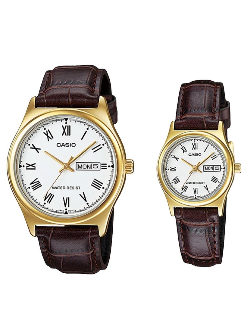 Leather Band Quartz Couple Watch With Day & Date MTP/LTP-V006GL-7B