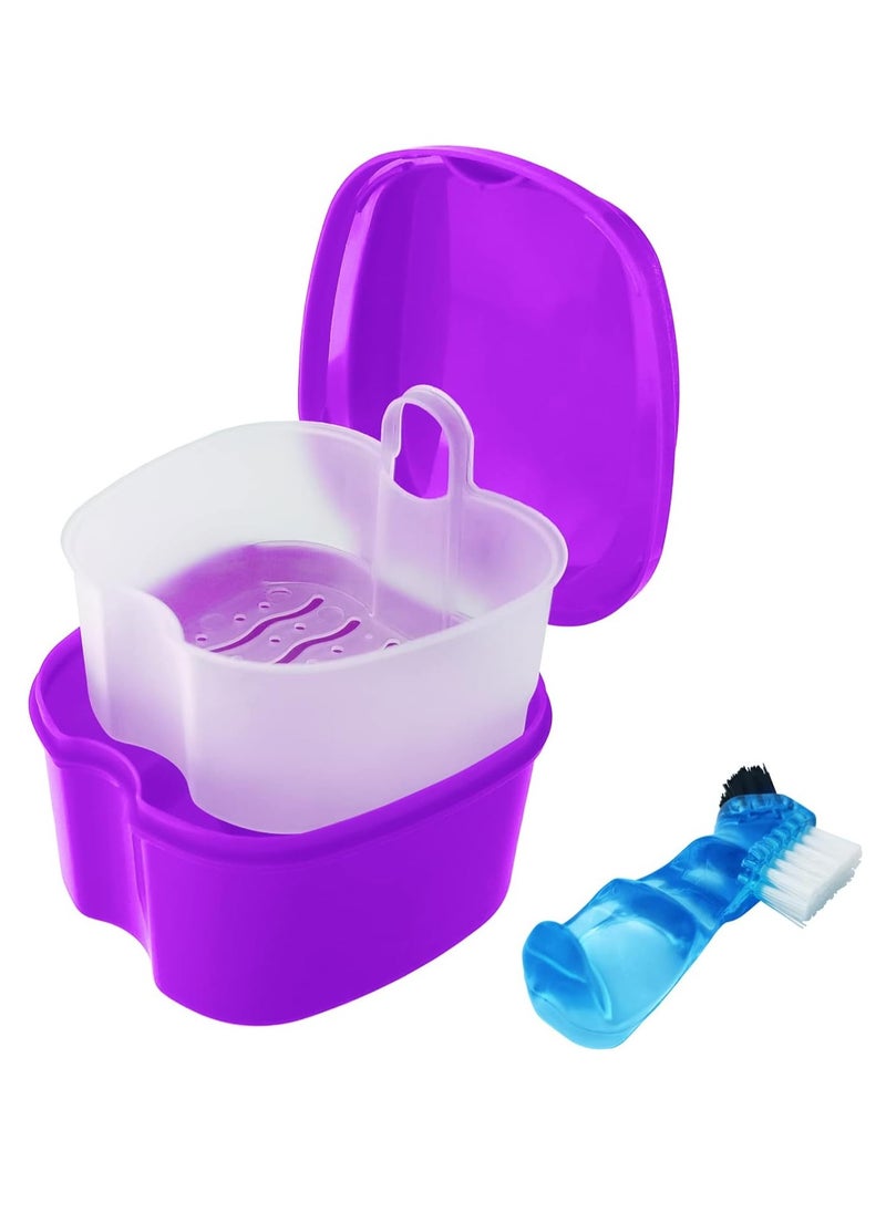 Colorful Denture Bath Case with Brush, Denture Cup Soaking Holder False Teeth Container Mouth Guard Storage Case Cleaning with Lid Waterproof - Purple