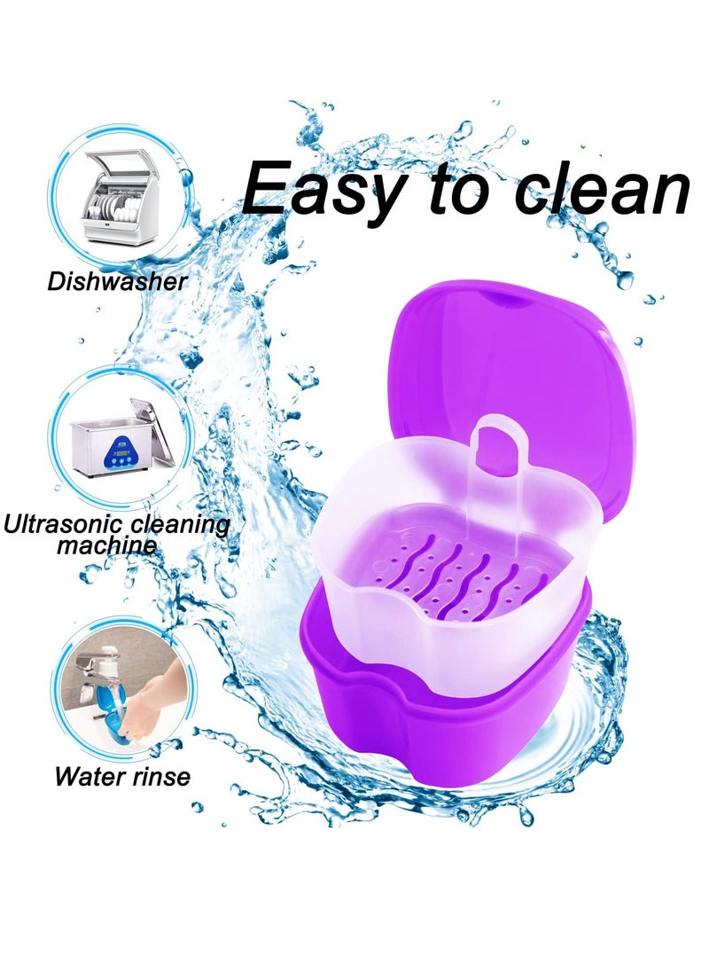 Colorful Denture Bath Case with Brush, Denture Cup Soaking Holder False Teeth Container Mouth Guard Storage Case Cleaning with Lid Waterproof - Purple