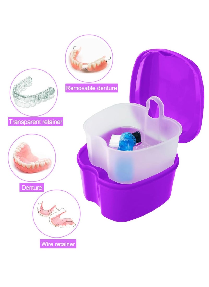 Colorful Denture Bath Case with Brush, Denture Cup Soaking Holder False Teeth Container Mouth Guard Storage Case Cleaning with Lid Waterproof - Purple