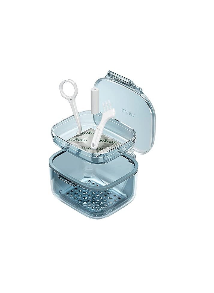 Retainer Case, Retainer Cleaner Case, Unique Denture Bath with Drain Tray, Suitable for Dentures, Denture Bridges, Partial Dentures, Traditional Braces, Etc. (Blue)