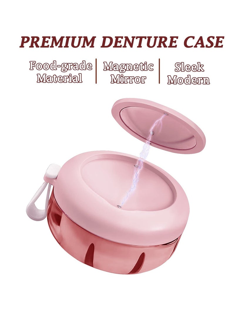 Denture Case, Definitely No-Leak Denture Bath Box for Traveling Perfectly, Denture Cup with Strainer & Magnetic Mirror,Completely Clean Care for Retainer, Mouth Guard, & Denture(PINK)