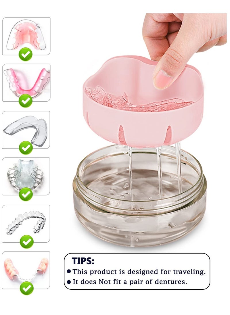 Denture Case, Definitely No-Leak Denture Bath Box for Traveling Perfectly, Denture Cup with Strainer & Magnetic Mirror,Completely Clean Care for Retainer, Mouth Guard, & Denture(PINK)