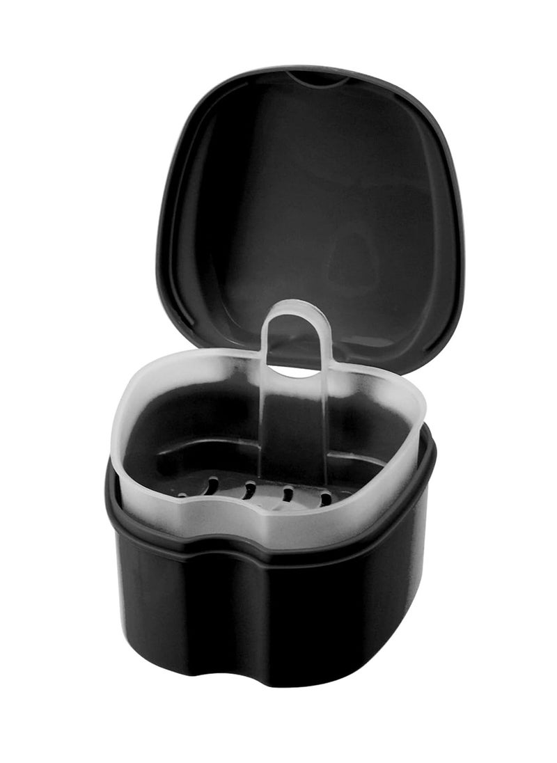 Annhua Denture Cup Retainer Cleaning Case Denture Soaking Container With Strainer Basket, Denture Cups For Soaking Dentures Mouthguard Storage Holder - Leak Proof And Lid Waterproof - Black