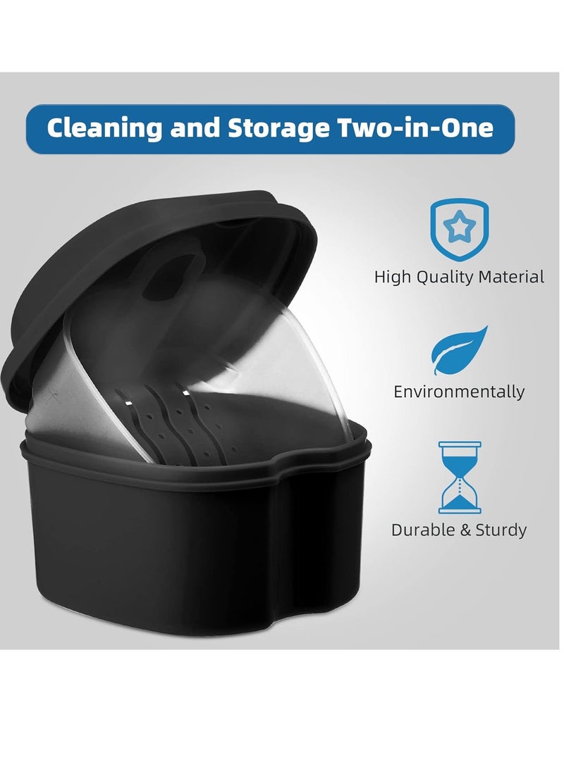 Annhua Denture Cup Retainer Cleaning Case Denture Soaking Container With Strainer Basket, Denture Cups For Soaking Dentures Mouthguard Storage Holder - Leak Proof And Lid Waterproof - Black