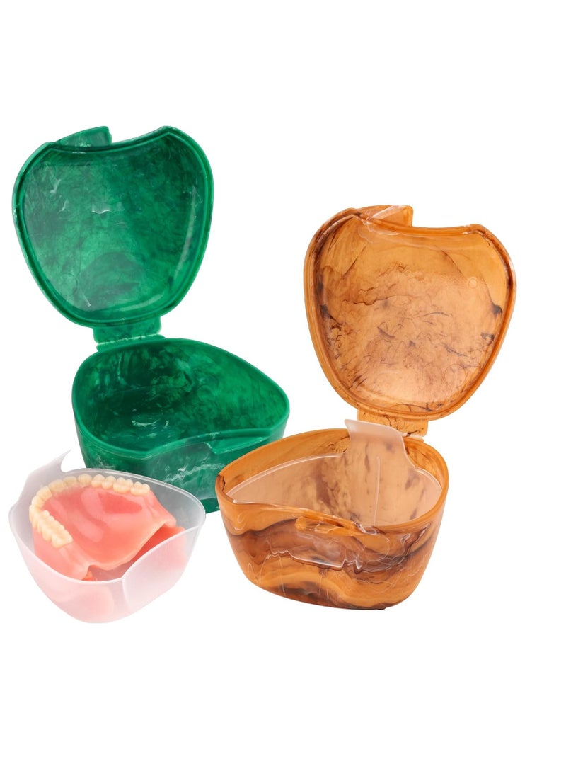 Easy Open Denture Bath & Case, with Strainer Basket for Soaking, Cleaning, and Storage, Two Pack (Emerald & Copper)