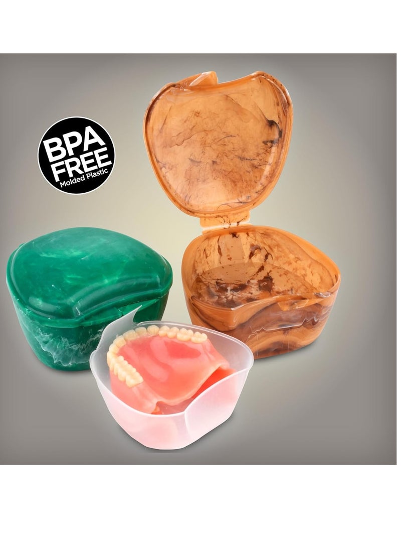 Easy Open Denture Bath & Case, with Strainer Basket for Soaking, Cleaning, and Storage, Two Pack (Emerald & Copper)