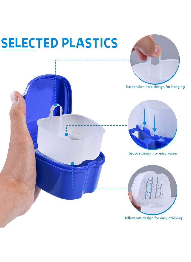 2 Pack Colors Denture Bath Case Cup Box Holder Storage Soak Container with Strainer Basket for Travel Cleaning (Light Blue and Blue)