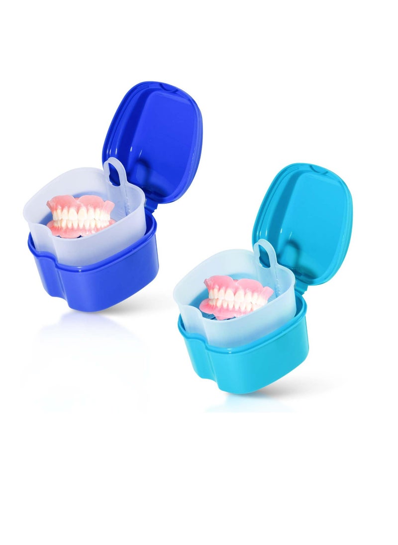 2 Pack Colors Denture Bath Case Cup Box Holder Storage Soak Container with Strainer Basket for Travel Cleaning (Light Blue and Blue)