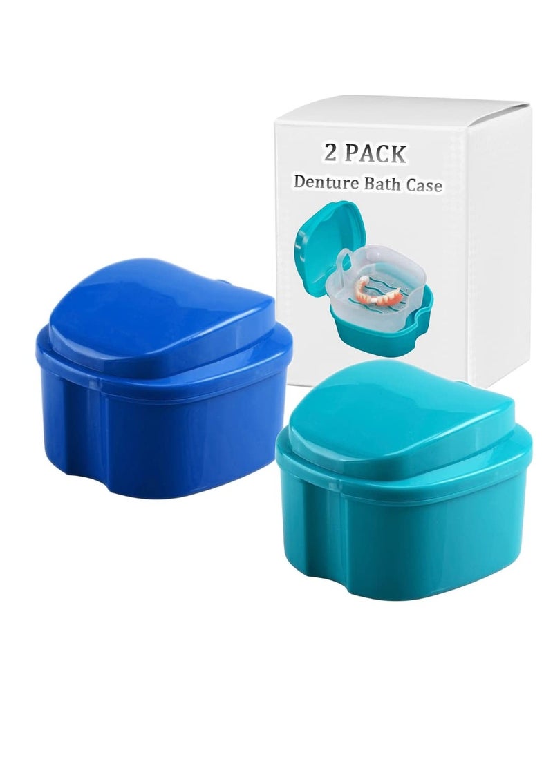 Denture Bath Box Cup, Complete Clean Care for Dentures, Clear Braces, Mouth Guard, Night Guard & Retainers,Traveling (Navy Blue & Blue)