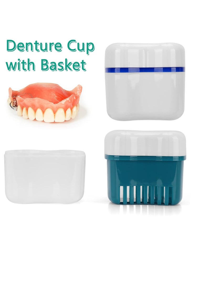 Denture Cleaner Box and Brush Set - 2 Pack Denture Bath Case with Basket + 2 Pack Denture Brush, Portable Denture Retainer Storage Box, False Teeth Brushes for Oral Care (Green and Dark blue)