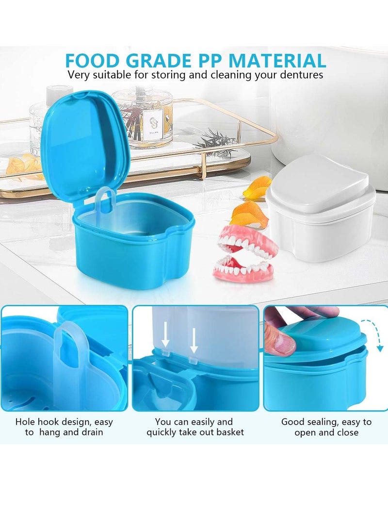 2 Pack Colors Denture Bath Case Cup Box Holder Storage Soak Container with Strainer Basket for Travel Cleaning (Light Blue, White)