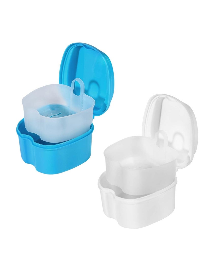 2 Pack Colors Denture Bath Case Cup Box Holder Storage Soak Container with Strainer Basket for Travel Cleaning (Light Blue, White)